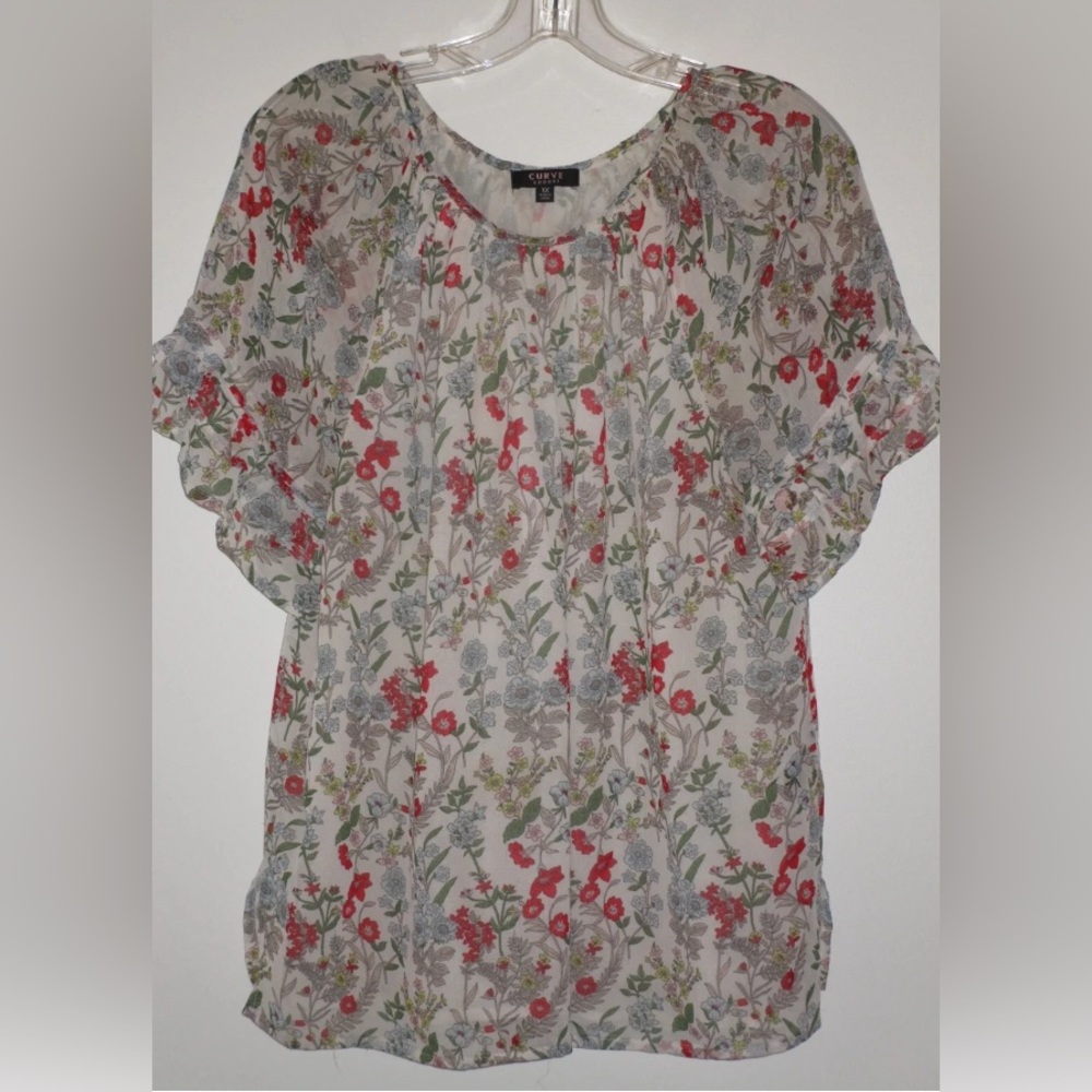 Curve appeal Cato Floral Print Sheer Top - Red and Gray